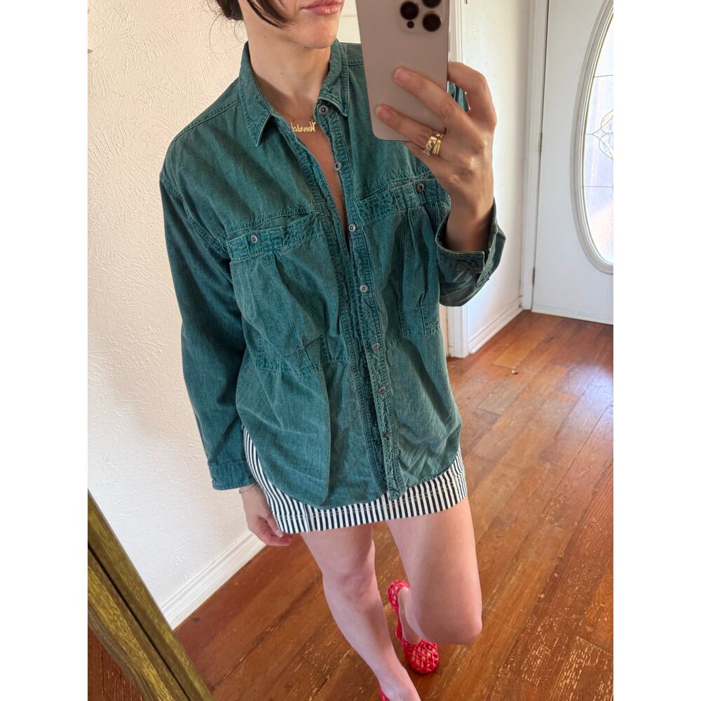 Vintage Brittania Teal Denim Button Up Shirt Jacket Oversized 90s Grunge Utility - Picture 2 of 5